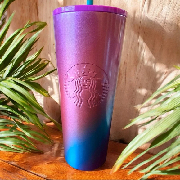 STARBUCKS 24oz Purple Pink Turquoise Ombré Metal 2022 Tumbler w/ Straw - Picture 2 of 13